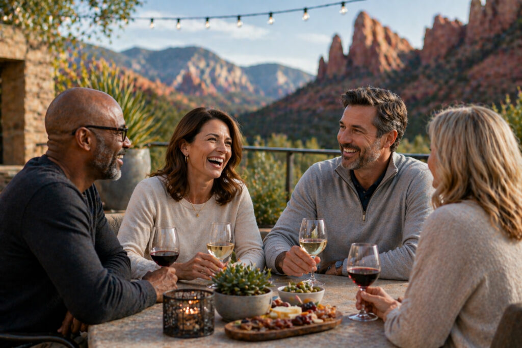A group of four friends sitting around a table with food and wine, talking and smiling