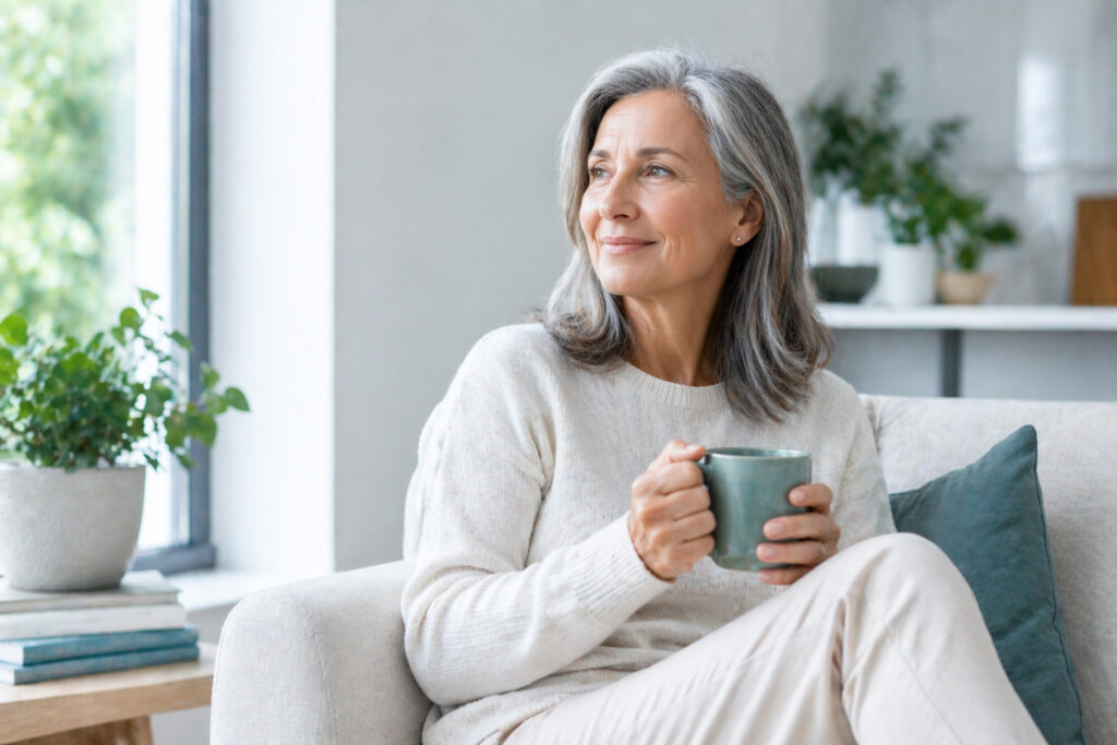 Caucasian women in her late 40s sitting on the couch with a cup of coffee, smiling into the distance